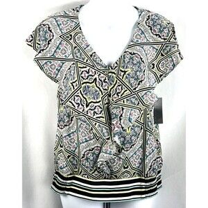 NWT Attention Silky Top XS Multi Geo Flutter Sleeve Smocked Y2K 2000 psychedelic